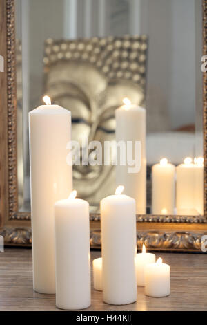 Bougies, marbre, miroir, Bouddha, portrait Banque D'Images