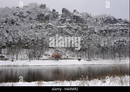 Parc National Suisse Saxonne, Elbsandsteingebirge, bastion, hiver, Banque D'Images