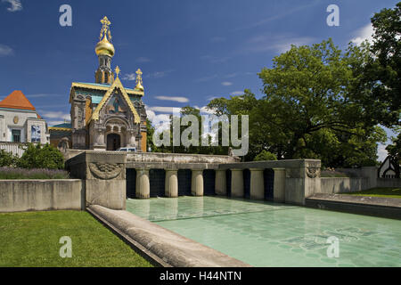 Allemagne, Hessen, Darmstadt, Mathildenhöhe, groupe russe, l'église, en russe, de l'eau des cymbales, bassin, fontaine, structure, architecture, monument, lieu de destination, d'intérêt, le tourisme, l'été, Banque D'Images