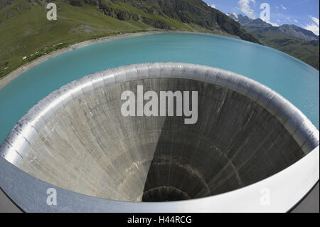 Suisse, Valais, Grimentz, Lac de Moiry, réservoir, embouteillage mur défensif, barrage, bow embouteillage mur de défense, protection contre le débordement, l'été, Banque D'Images