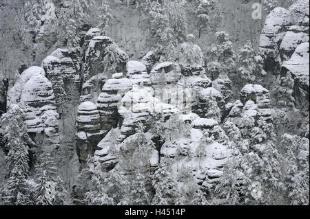 Parc National Suisse Saxonne, Elbsandsteingebirge, bastion, hiver, Banque D'Images