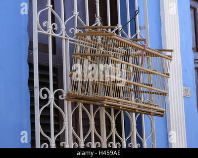 La cage, oiseau, grille de fenêtre, façade, Trinidad, Cuba, destination de vacances, destination, les Caraïbes, Tourisme, vacances, maison, maison d'habitation, façade de maison, fenêtre, des bars, des grilles, des animaux, oiseaux, animaux de compagnie, oiseaux sauvages, Songbird, seul, individuellement, pris, enfermé, captivité, porte-cartes, en étroite collaboration, bâti de cartes en bois, s'accrocher, à l'extérieur, Banque D'Images