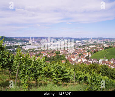 Allemagne, Bade-Wurtemberg, Stuttgart-Untertürkheim, vignoble, vue sur ville, Stuttgart, ville, autotown, ville industrielle, partie commune, accueil Untertürk, maisons, maisons, toits, toitures, maison Mercedeswerk, opus, Mercedes, industrie, business park, location, location de l'opus, autoconstruction, vin, viticulture, viticulture, vigne, vignoble, vignes, saison, printemps, l'économie, bâtiment industriel, soleil, Banque D'Images