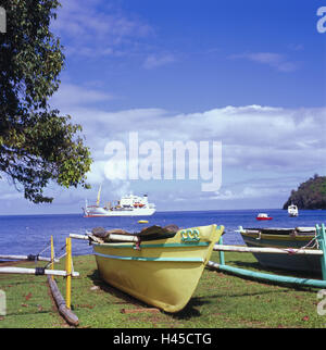 Polynésie Française, Tahuata Vaitahu, plage, pêche, bateaux, mer, Frachschiff Aranui, coast, bottes, pré, sur la mer, bateau, destination, tourisme, Banque D'Images