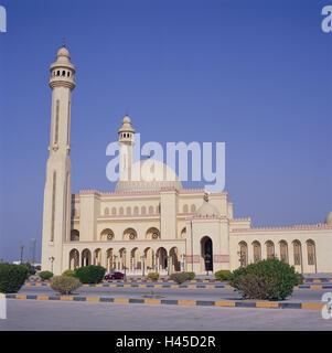 L'île de Bahreïn, Manama, Manamah, mosquée Al Fateh, Etat insulaire, sheikdom, destination, ville, capitale, d'un bâtiment, l'architecture, l'église, construction, sacré la foi, la religion, l'Islam, Dome, les tours, les minarets, l'espace, le ciel, bleu, sans nuages, le tourisme, l'extérieur, déserte, Banque D'Images