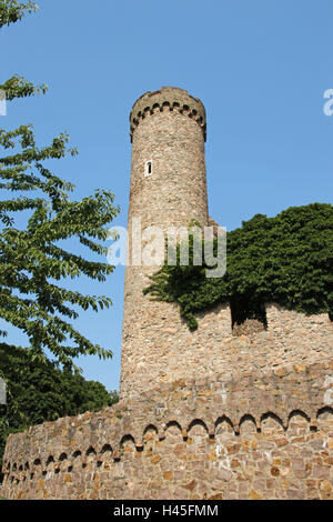 Allemagne, Hesse, Bensheim dans la route de montagne, Auerbacher lock, tour du château, bois, ode au-dessus Bensheim-Auerbach, route de montagne, château, ruine, ruine du château, forteresse, muraille, tour, structure, historiquement, l'architecture, l'endroit d'intérêt, arbres, personne, à l'extérieur, Banque D'Images