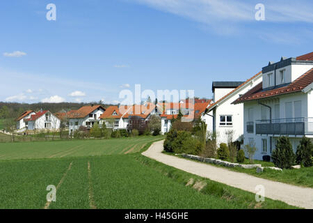 Allemagne, Bade-Wurtemberg, Kleinbettlingen Bempflingen, FPC, nouvelle aire de bâtiment, Ermstal, lieu, ville, district, edge, Kleinbettlingen Weiherstrasse, maisons, maisons résidentielles, live, nouveau bâtiment, nouvelle aire de bâtiment, prairie, champs, soleil, Banque D'Images