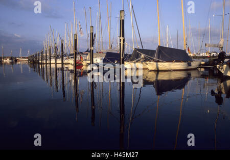 L'Allemagne, Kiel, Schilksee, Port Olympique, port, voiliers, lumière du soir, port de plaisance, yachts, voiliers, bottes, couchette double, pile, bridge, le clonage, la surface de l'eau, certainement, repos, calme, protection, bleu, série, mâts, soir l'humeur, Banque D'Images