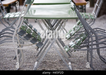 Jardin de bière, tables, chaises, vide, Banque D'Images