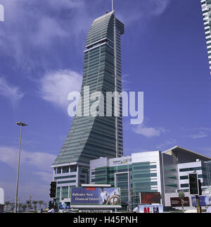 L'île de Bahreïn, Manama, Manamah, high rise, Etat insulaire, sheikdom, destination, ville, capitale, bâtiment, structure, architecture, façade, porte en verre, immeuble de bureaux, bâtiments, tour à double Banque D'Images