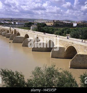 Espagne, Andalousie, Cordoue, Ponte Romano, Guadalquivir, l'Europe, destination, ville, lieu d'intérêts, de la culture, de l'extérieur, pont, pont de l'architecture, architecture, bâtiment, courbes, pont de pierre, Romain, de la structure, de l'eau, de piétons, personne, vue sur ville, cloudies, Banque D'Images