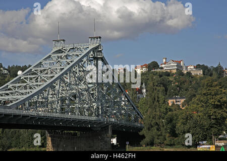 Allemagne, Saxe, Dresde, Grunaer bridge, Loschwitz, pont, Elbbrücke, king's John's Bridge, miracle, l'acier de construction à colombages en acier, le travail de conception, sans pilier, encoche, détail, Banque D'Images