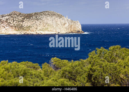 L'Espagne, les îles Baléares, l'île Dragonera Sat., Coast, North Point, phare, mer, île de la bile, inoccupée, rochers, côte, Majorque, vue, la mer Méditerranée, côte escarpée, offshore, tour, Beacon, figure de la mer, navigation, navigation, vue, Banque D'Images