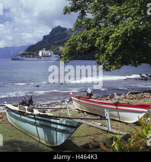 Polynésie Française, Tahuata Vaitahu, plage, pêche, bateaux, mer, côte, cargo Aranui, bottes, pré, sur la mer, bateau, destination, tourisme, Banque D'Images