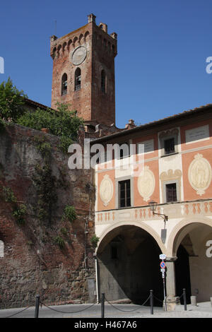 Italie, Toscane, San Miniato, Piazza della Republica, Seminario Vescovile, clocher, détail, ville, la destination, le lieu d'intérêts, d'un bâtiment, d'architecture, Tower, façades, rénove, arcades, tunnels, passage, séminaire, séminaire, séminaire palace, fresques, à l'extérieur, déserte, Banque D'Images