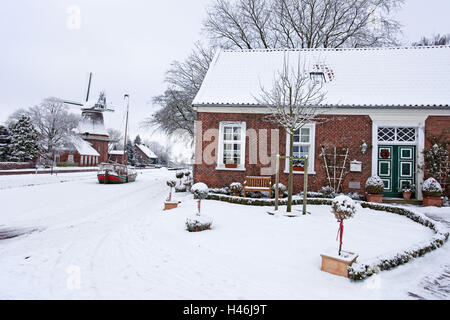 Friesland de l'hiver, humeur, maison, bateau, moulin, Banque D'Images