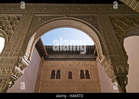 Espagne, province de Grenade, Grenade, Alhambra, Archway, Mexuar, palace, piliers, gypse d'appoggiatures, architecture, patrimoine culturel mondial de l'UNESCO, Banque D'Images