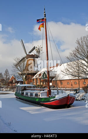 Friesland de l'hiver, humeur, Großefehnkanal, bateau, moulin, Banque D'Images