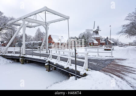 Friesland de l'hiver, l'équilibre de l'humeur, pont, bateau, moulin, Banque D'Images