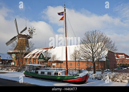 Friesland de l'hiver, humeur, Großefehnkanal, bateau, moulin, Banque D'Images