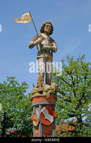 Allemagne, Bade-Wurtemberg, Ettlingen, bien la figure, St Georg, ville, figure bien, bien, bien marché, le marché, l'hôtel de ville, détail, Banque D'Images