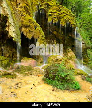 Le Schleier tombe sur l'Ammer, cascade moussue, Alpes, Bavière, Allemagne Banque D'Images