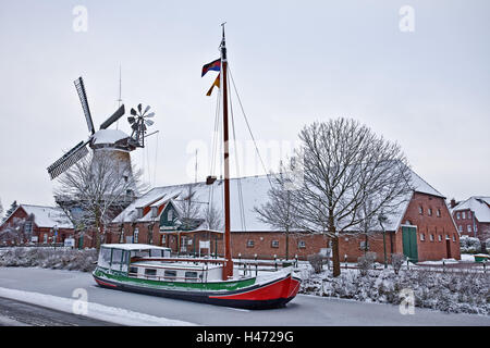 Friesland de l'hiver, humeur, Großefehnkanal, bateau, moulin, Banque D'Images