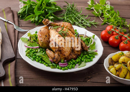 Poulet grillé bio bio, pommes de terre, d'Herbes et légumes de printemps avec, avec de la bière Banque D'Images