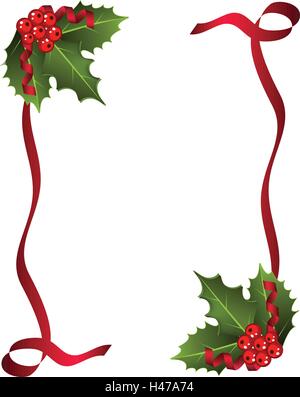Baies de Noël avec ruban rouge et vert feuilles sur fond blanc.houx de Noël set Holly décoration de Noël. Element Illustration de Vecteur