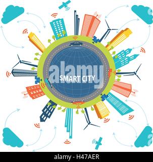 Le concept de ville intelligente et la technologie cloud computing concept réseau Internet avec les différents éléments. Conception avec Smart city Illustration de Vecteur