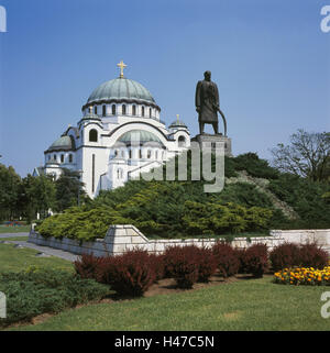 Serbie, Belgrade, l'église Saint Sava, statue, Karadjordje, ville, capitale, point d'intérêt, de l'église, de la construction, de l'architecture sacrée, Dome, dôme, foi, religion, christianisme, orthodoxie, monument, liberté-fighter, à l'extérieur, déserte, Banque D'Images