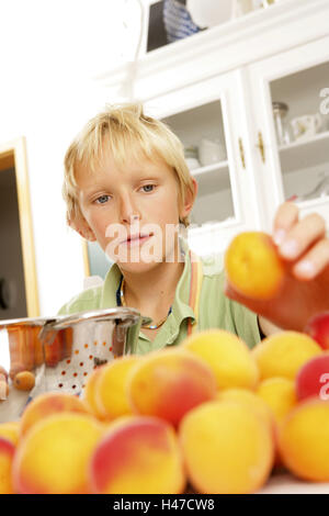 Garçon, la cuisine, abricots, Banque D'Images