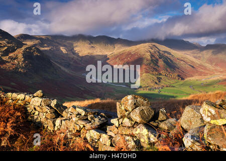 Tumbledown muret de pierres sèches Près de Grasmere dans le Lake District, Cumbria, Angleterre. L'automne (novembre) 2014. Banque D'Images