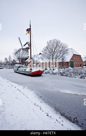 Friesland de l'hiver, humeur, Großefehnkanal, bateau, moulin, Banque D'Images