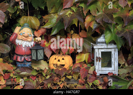 Figures de jardin en automne entre vin sauvage, Banque D'Images