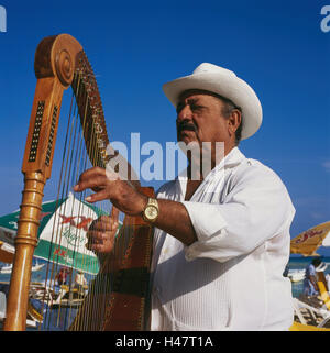 Le Mexique, Veracruz, Jarocha, man, harpe, jouer, demi-portrait, le modèle ne libération, ville, les gens, les collectivités locales, mexicaine, musicien, musicien de rue, instrument, instrument à cordes, faire de la musique, de la moustache de morse, sérieusement, de concentrés, de soins, de coiffures, à l'extérieur, Banque D'Images