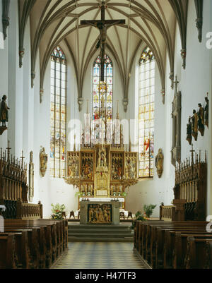 Allemagne, Bavière, Kaufbeuren St. Martin's Church, de l'intérieur tourné, église, église paroissiale, catholique, de la structure, l'architecture, nef, selles, autel, chœur, autel, lieu de destination, d'intérêt, du tourisme, de l'icône, la foi, la religion, Banque D'Images