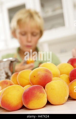 Garçon, la cuisine, abricots, Banque D'Images