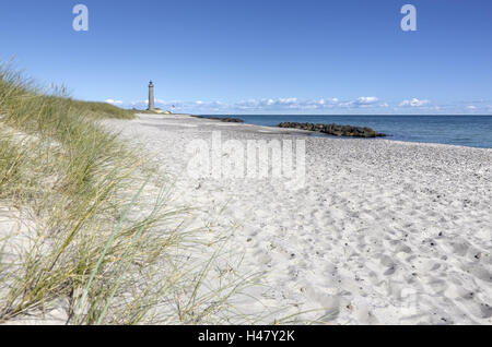 Le Danemark, le Jutland, Skagen, beach, phare, mer, sable, plage, gazon, mer Baltique, dune grass, tourisme, Skagerrak, eaux, soleil, pas de personnes, de l'orientation, l'expédition, Banque D'Images