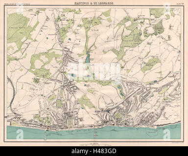 HASTINGS & ST. LEONARDS ville antique les plans de la ville. BARTHOLOMEW 1898 carte ancienne Banque D'Images