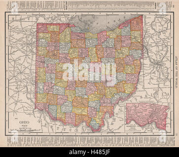 Carte montrant l'état de l'Ohio comtés. RAND MCNALLY 1912 ancienne carte plan Banque D'Images