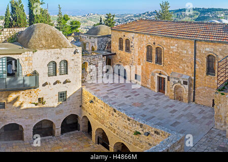 La cour de l'Église sur le mont Sion, ici localise Cénacle (dernière Cène prix) et le lieu de sépulture du roi David, Jérusalem Banque D'Images