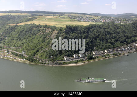 Allemagne, Rhénanie-Palatinat, St Goarshausen, le Rhin, navire, port, Banque D'Images