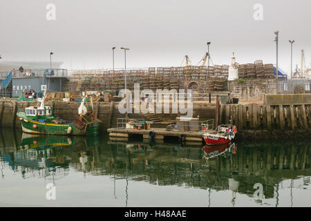 Brixham, Devon, England, UK - 7 septembre 2016 : bateaux de pêche amarré à Brixham Harbour près de casiers à homard et crabe des pots. Banque D'Images
