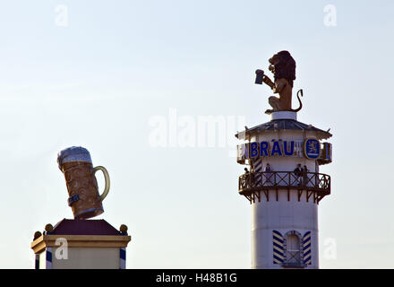 Chapiteau Löwenbräu, détail, tour du lion et de la tour de la bière à l'Oktoberfest de Munich, Banque D'Images