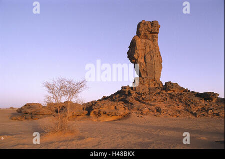 La Libye, le Djebel Akakus, randonnée désert, la formation de la bile 'finger', déserte, au nord, d'Afrique, paysages sauvages, paysages, désert, sable, roche, la bile, la solitude, l'isolement des formations, sortie, sécheresse, sécheresse, pénurie d'eau, la vie-hostilely, géologie, nature, soleil du soir, lumière du soir, Banque D'Images