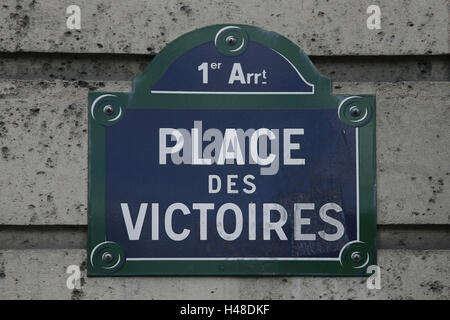 France, Paris, maison, détail, muraille, signe, Place des Victoires, l'Europe, la ville, capitale, centre-ville, route, rue, signe, mur extérieur, mur, la construction, l'orientation, de l'espace, medium close-up, à l'extérieur, Banque D'Images