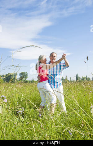 Senior Citizen's couple danse dans une bonne humeur au-dessus d'une prairie, Banque D'Images