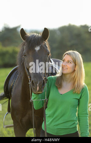 Adolescente, cheval, Arabo-Haflinger, pré, tête, pied, voir l'appareil photo, Banque D'Images