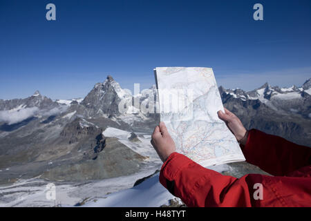 Suisse, Valais, cérium-faiblement, petit Cervin, lookout, alpiniste, carte de voyage, Banque D'Images